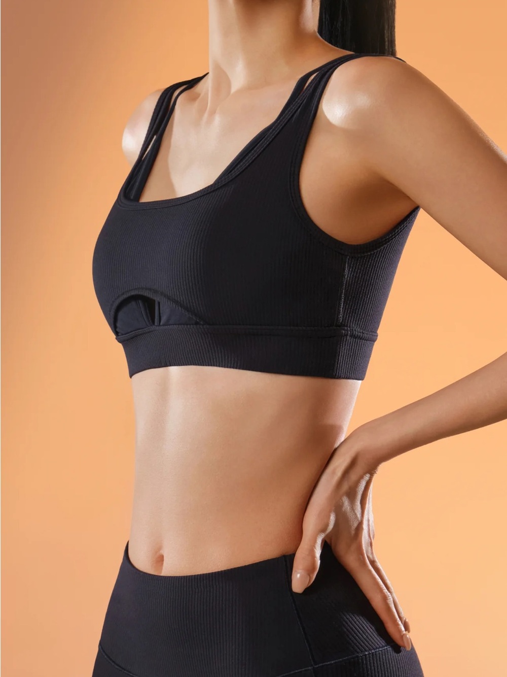 Stretch your story Black Ribbed Sports Bra - Scoop Neck Athletic Crop